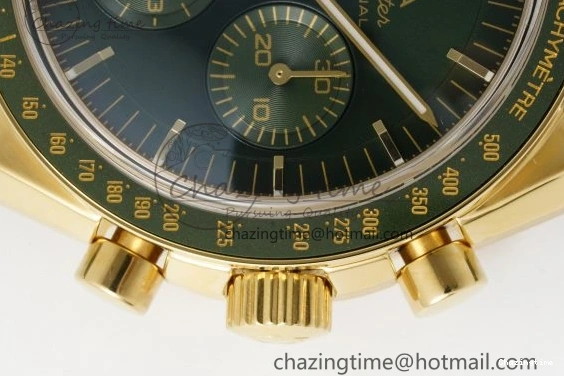 0205 Speedmaster Moonwatch in Moonshine Gold YG RMF Best Edition Green Dial on Green Leather Strap Manual Chrono EasyCare 7832